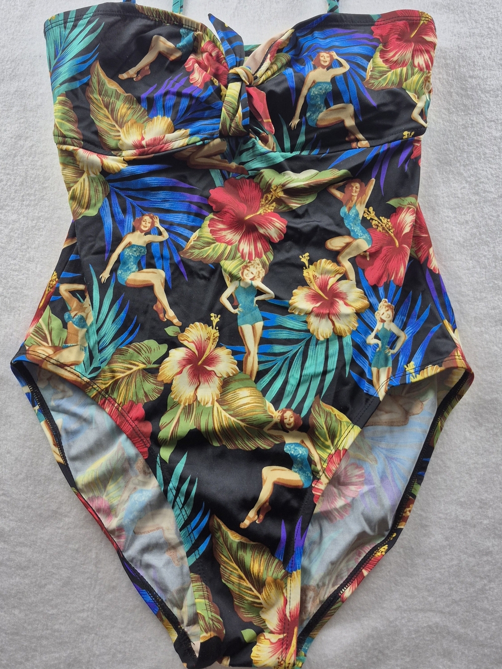 Kathy Ireland Pin Up Girl Novelty Swimsuit Size 12 Tropical Tiki Hawaiian One Pi